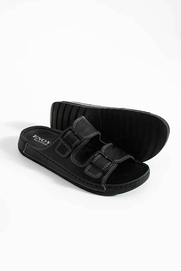 Men's Leather Double Striped Orthopedic Comfortable Sole Stitched Stylish Out and Inside Men's Slippers