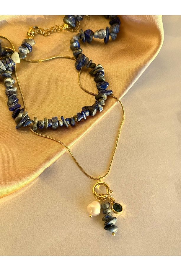 Lapis Lazuli İnci Çelik Charm Kolye - 4