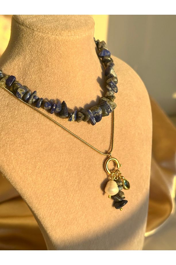 Lapis Lazuli İnci Çelik Charm Kolye - 5