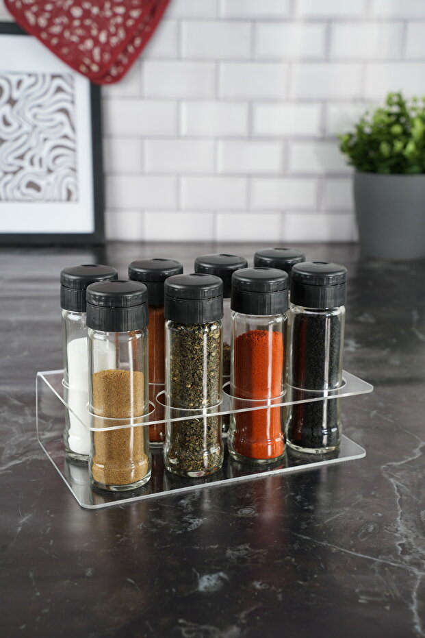 Set of 8 Spice Jars with Transparent Plexiglass Stand – 105 Cc Glass Bottles