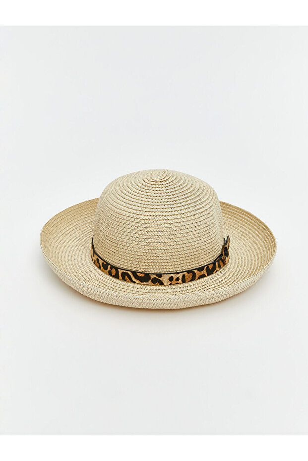 Beige Leopard Patterned Women's Straw Hat