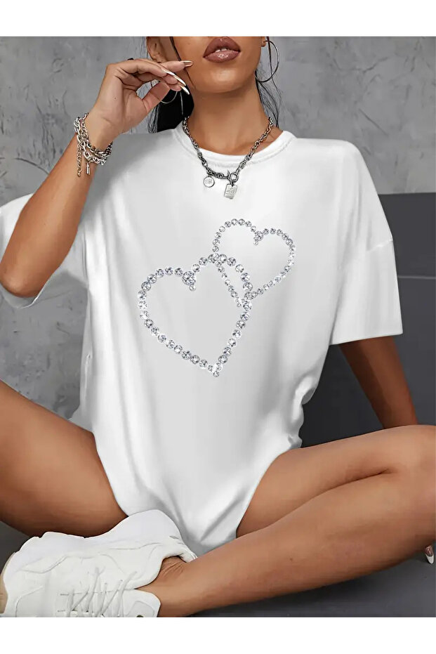 Stone Pattern Heart Printed Oversize T-Shirt - 1