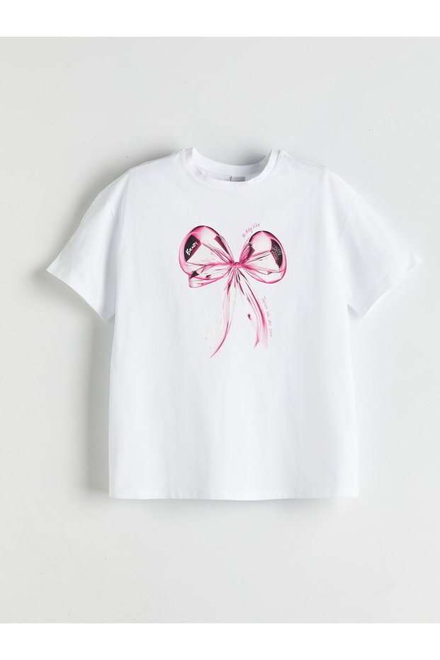 Lcw Kids White Crew Neck Bow Printed Girls T-Shirt