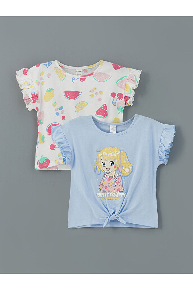 Seray New Season Printed Combed Cotton Ruffled Girls' T-Shirt 2-Pack