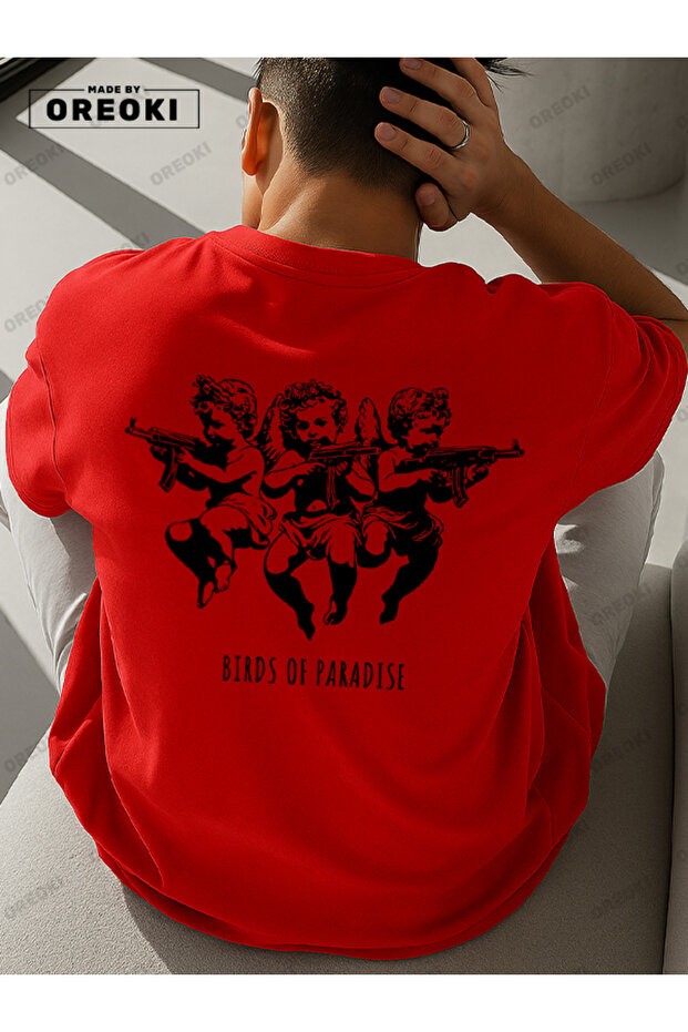 Birds of Paradise Printed Cotton Fabric Men's Red T-Shirt