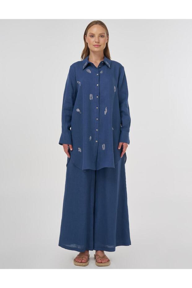 %100 Keten Hotfix Baskılı Tunik İndigo - 2