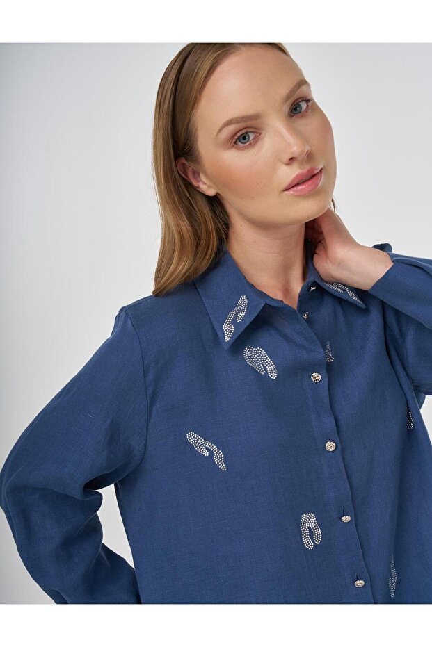 %100 Keten Hotfix Baskılı Tunik İndigo - 6