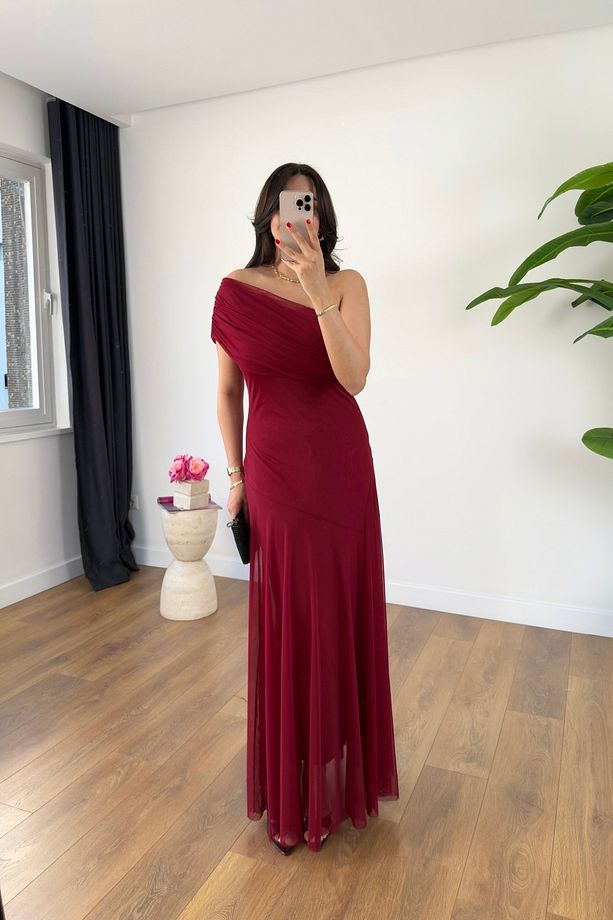 Rany Bordo Tek Omuz Detaylı Astarlı Tül Elbise - 3