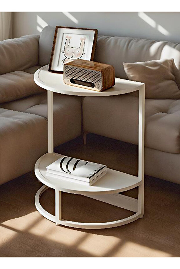 طاولة جانبية نصف دائرية حديثة وبسيطة لغرفة النوم، طاولة جانبية فاخرة مزودة بإضاءة تخزين مزدوجة الطبقات - 2