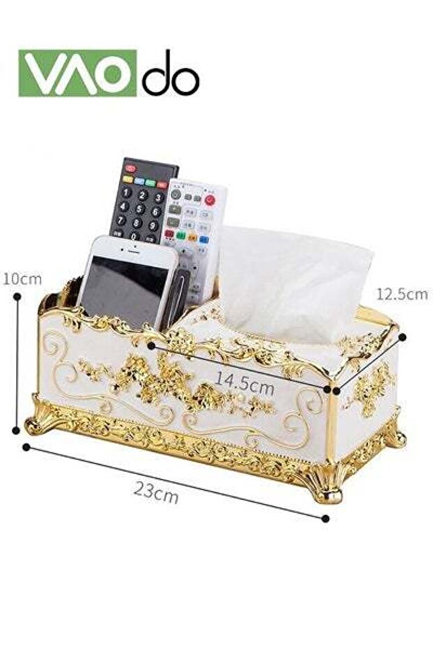 Tissue Box Holder with Storage Function Golden Embossed Design Large Capacity Storage Tissue Box - 2