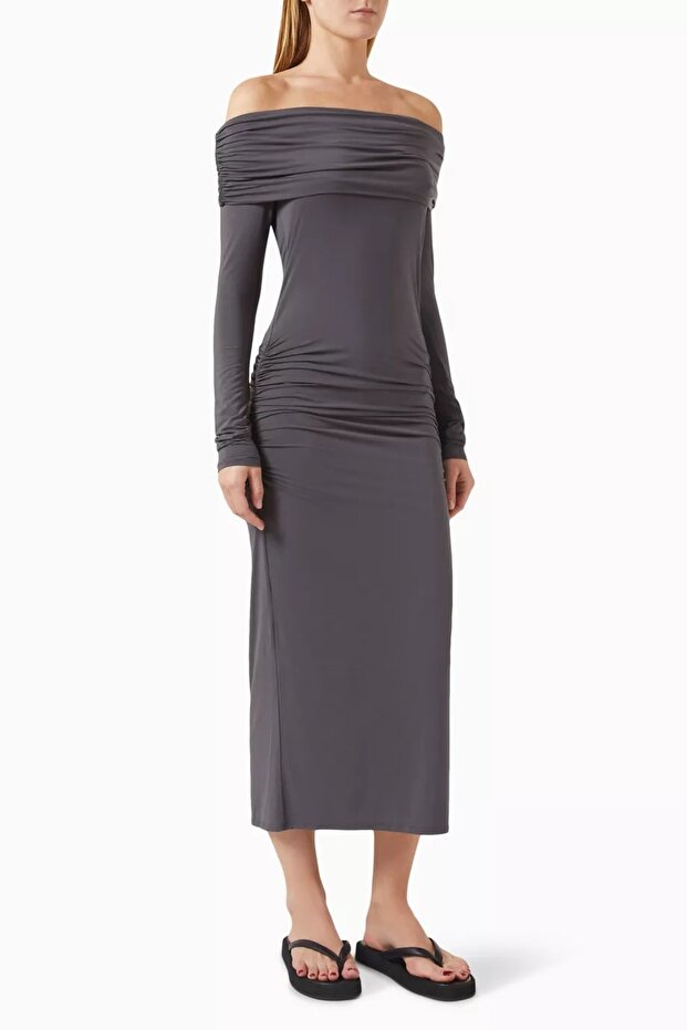 Modal Silk Off-The-Shoulder Dress, Elegant and Stretchy Silhouette Dark Gray