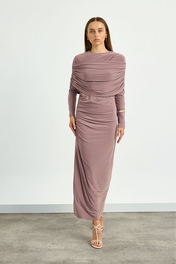 Gül Kurusu Omuz Detaylı Drape Elbise - 4