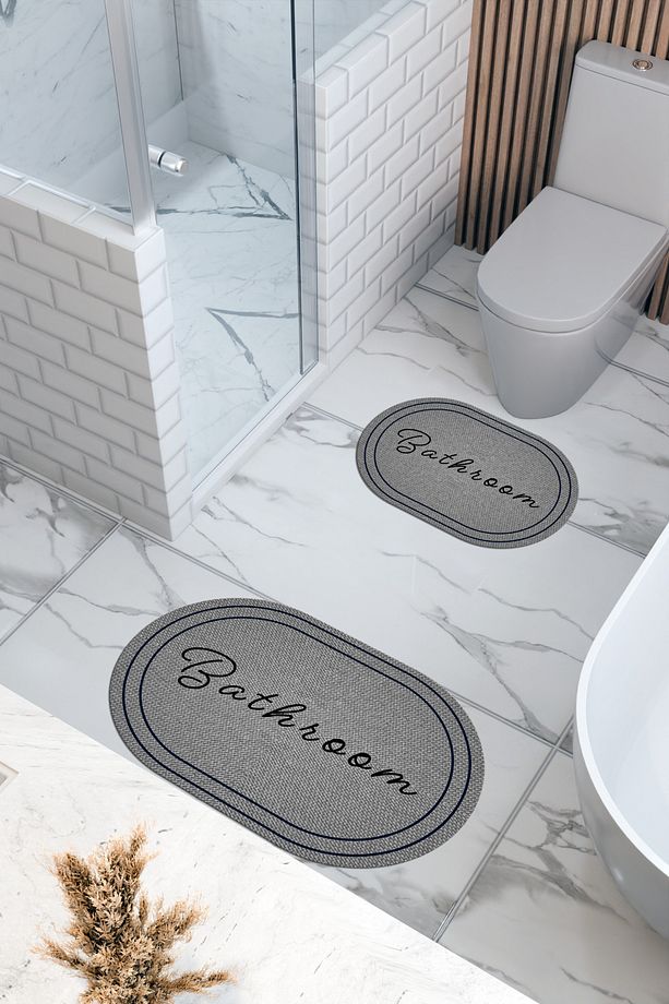 Hasır Desenli Eko Banyo Paspası, Kaymaz Taban, Makinada Yıkanabilir, Dijital Baskı 2'li Set - 2