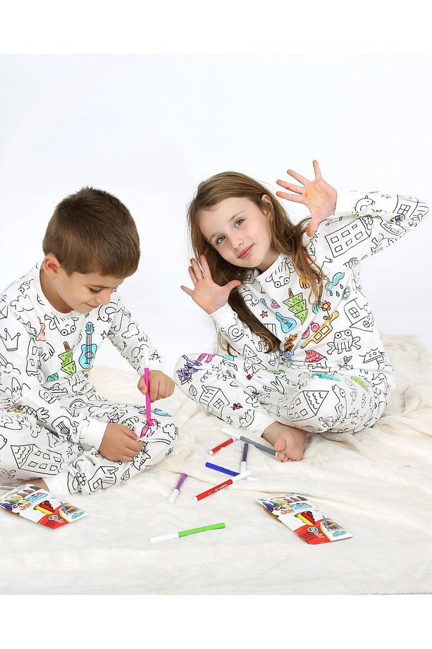 Kısa Kollu Çocuk Boyama Pijaması Boyanabilir Pijama - 1