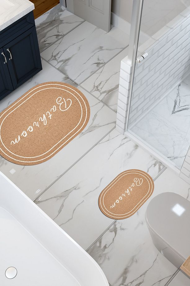 Hasır Desenli Eko Banyo Paspası, Kaymaz Taban, Makinada Yıkanabilir, Dijital Baskı 2'li Set - 3