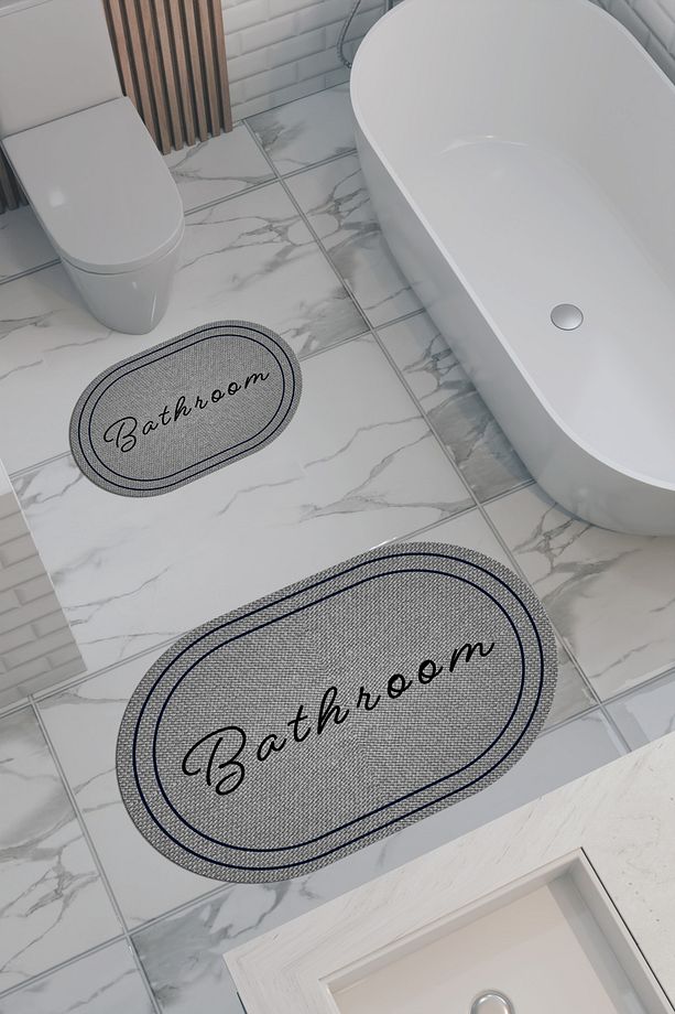 Hasır Desenli Eko Banyo Paspası, Kaymaz Taban, Makinada Yıkanabilir, Dijital Baskı 2'li Set - 1