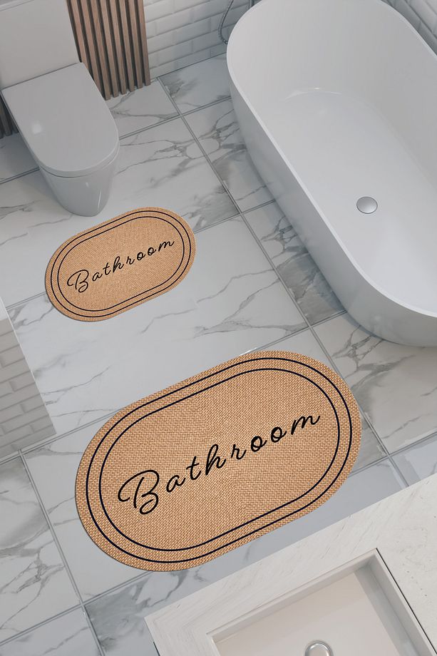 Hasır Desenli Eko Banyo Paspası, Kaymaz Taban, Makinada Yıkanabilir, Dijital Baskı 2'li Set - 1