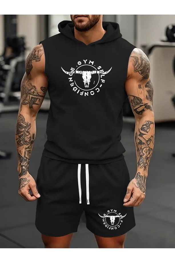 ERKEK gym spor atlet-şort 2 li takım baskılı GYM - 1