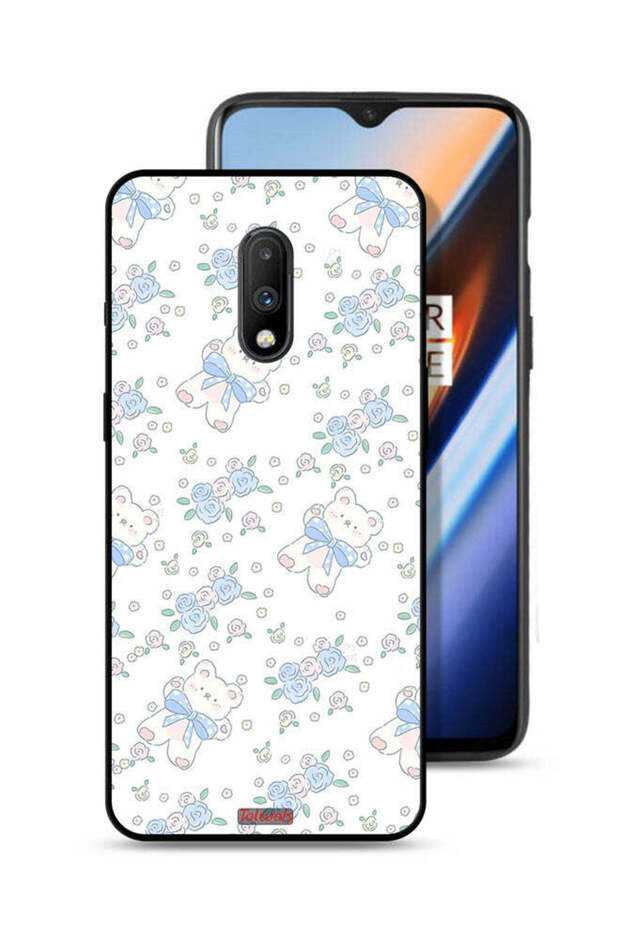 غطاء حماية لهاتف OnePlus 7 مع أيقونة دب تيدي لطيف وزهور