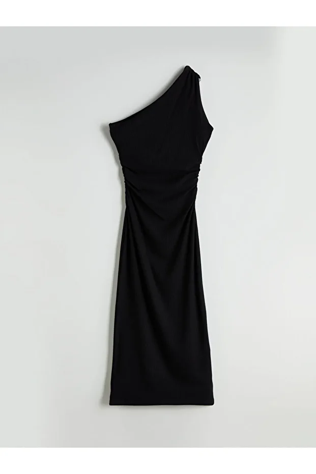 Siyah Tek Omuz Büzgülü Bodycon Elbise - 6