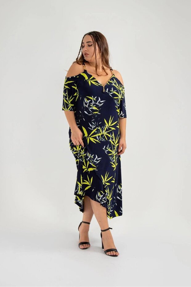 111809 Women's Dress with Side Slits and Chain on the Shoulder, Navy Blue