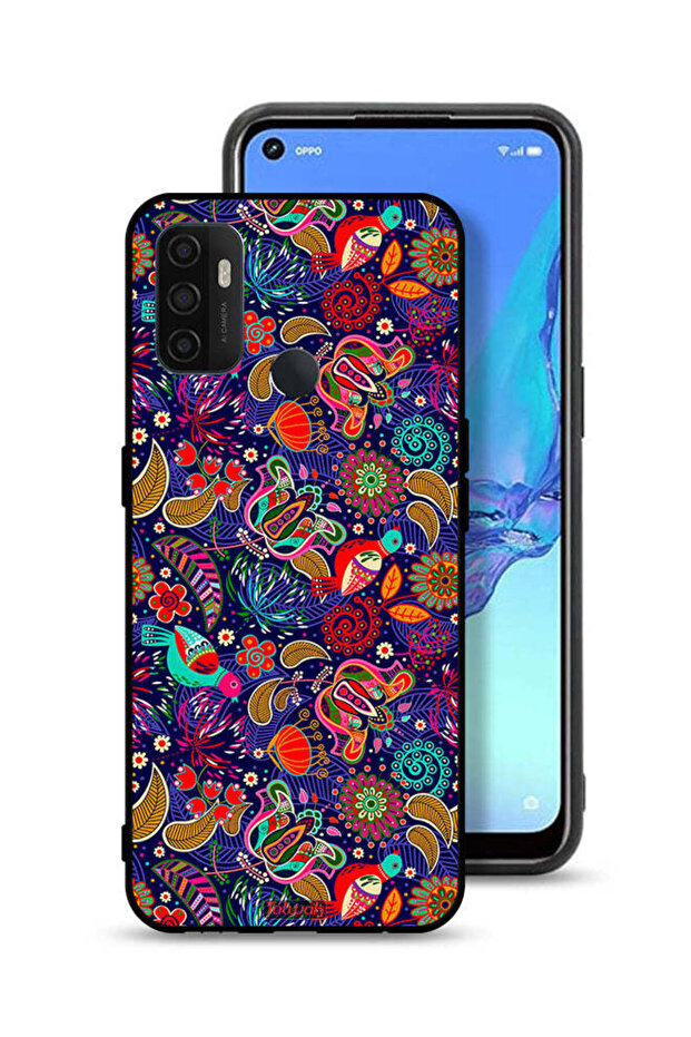 غطاء حماية لهاتف Oppo A32 بنقشة طيور وأوراق زهور ملونة