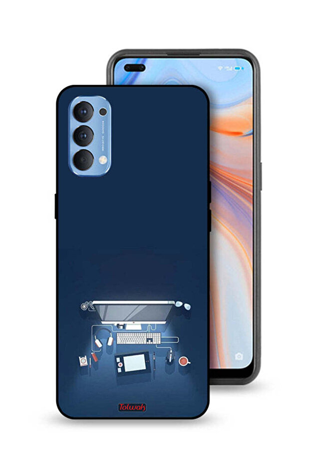 غطاء حماية لهاتف Oppo Reno4 4G بتصميم فني على مكتب الكمبيوتر