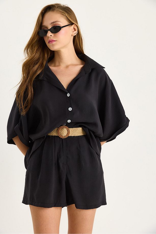 Kadın Yarasa Kol Oversize Gömlek Hasır Kemerli Şort Modal Takım 4010 60283476 - 3