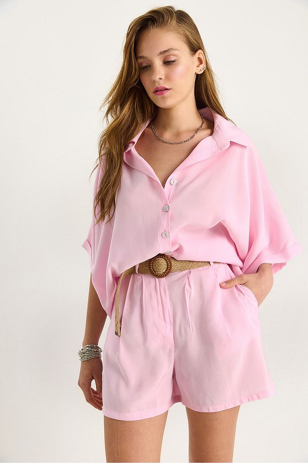 Kadın Yarasa Kol Oversize Gömlek Hasır Kemerli Şort Modal Takım 4010 60283476 - 3