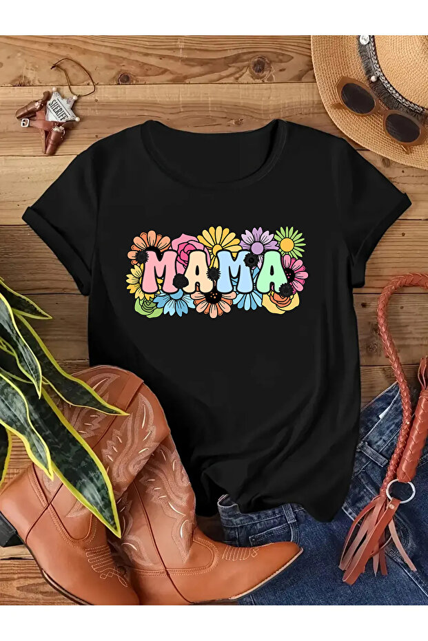 Mama Printed Circle Neck Cotton Normal Fit Women's Tshirt