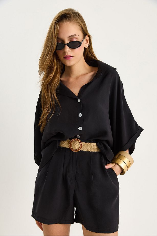 Kadın Yarasa Kol Oversize Gömlek Hasır Kemerli Şort Modal Takım 4010 60283476 - 4