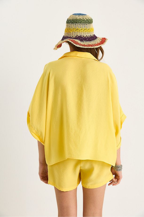 Kadın Yarasa Kol Oversize Gömlek Hasır Kemerli Şort Modal Takım 4010 60283476 - 8