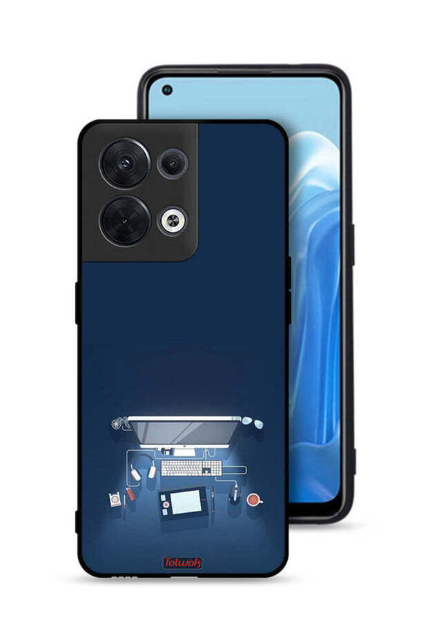 غطاء حماية لجهاز Oppo Reno8 5G بتصميم فني على شكل مكتب كمبيوتر