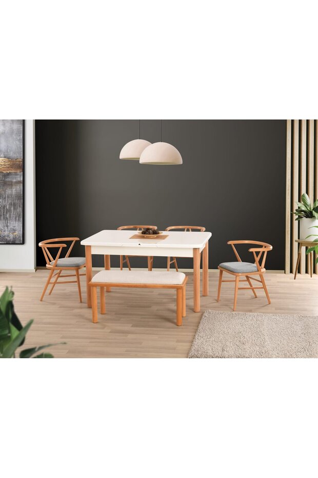 Beyaz Highgloss Bohem Bench Ahşap Ayaklı Londra Sandalye Soft-02 90*160+30 Pars Açılabilir Masa Tak - 1