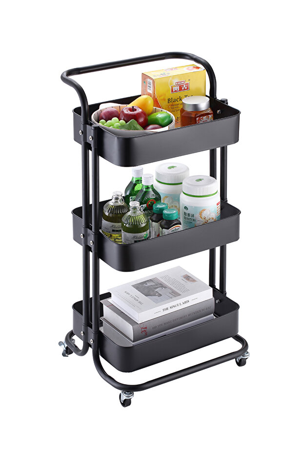 سلة مطبخ متحركة - عربة تخزين دوارة من الفولاذ الكربوني الأسود بثلاث طبقات مع مقبض