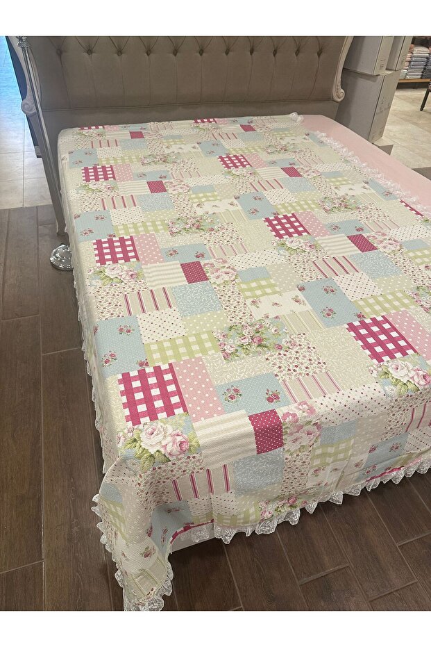 Patchwork Pique Bedspread with Lace Single Size 100% Cotton