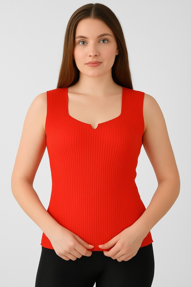 Red Knitwear High Quality Thick Strap Sleeveless Blouse Ribbed Flexible Soft Slim Summer Square Ya