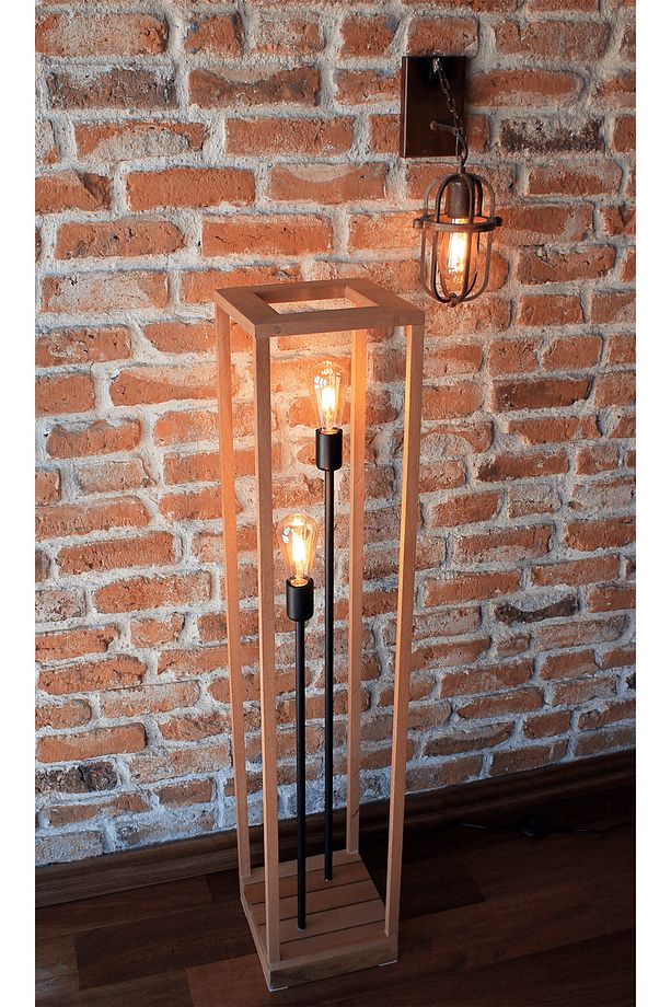 120 CM Doğal Ahşap Kayın Ağacı El Yapımı Çift Ampullü Retro Lambader RUSTİK LED AMPUL HEDİYELİ - 2