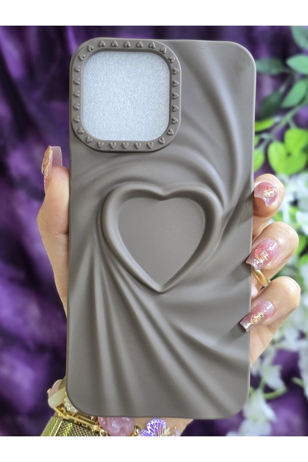 iPhone 14 Promax Compatible 3D Heart Brown Silicone Case