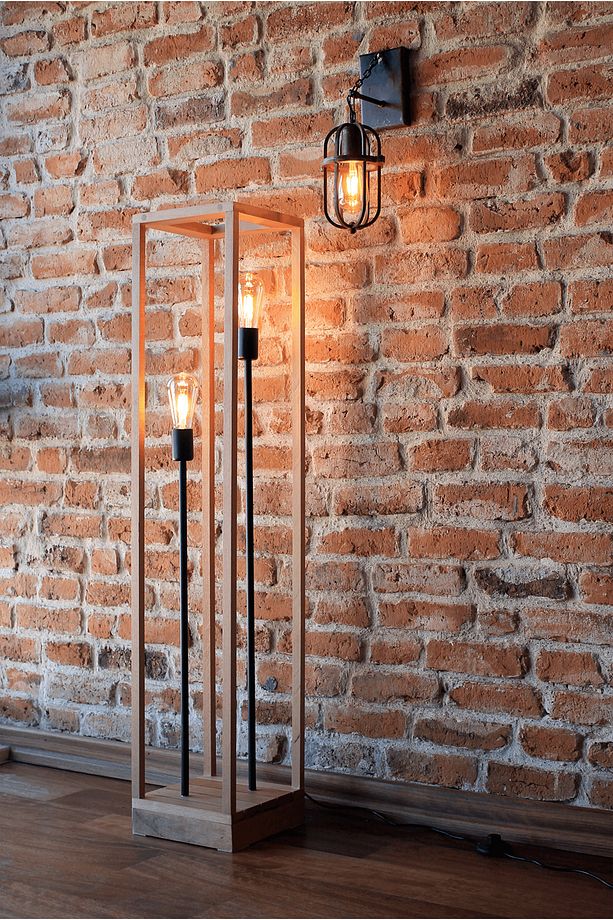 120 CM Doğal Ahşap Kayın Ağacı El Yapımı Çift Ampullü Retro Lambader RUSTİK LED AMPUL HEDİYELİ - 1
