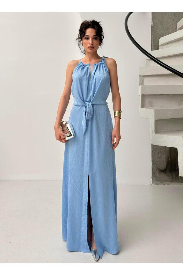 Blue Tie Detail Slit Satin Dress