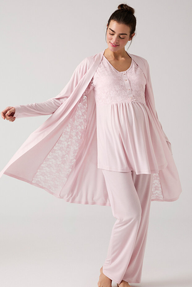 Lace Detailed Pregnant Maternity 3-Piece Pajama Set