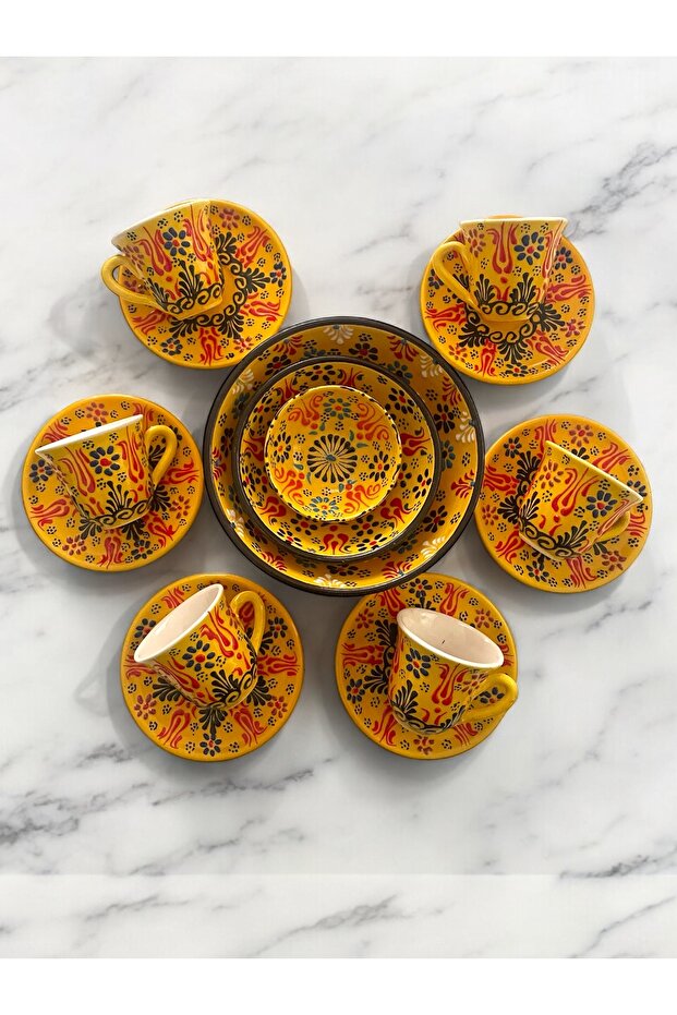 Decorative 6-Person Stylish Tulip Tile Design Fully Handmade Coffee Cup Set and Snack Bowl-Sauce Bowl