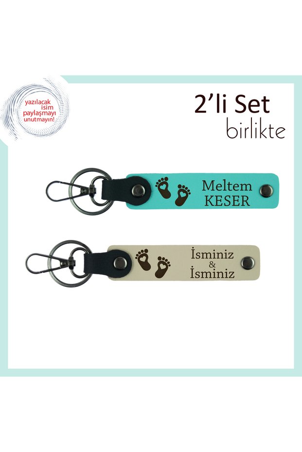 Personal Design Prepared for Birth Anniversary, Heart Foot Motif Leather Keychain, Turquoise-Milk Coffee
