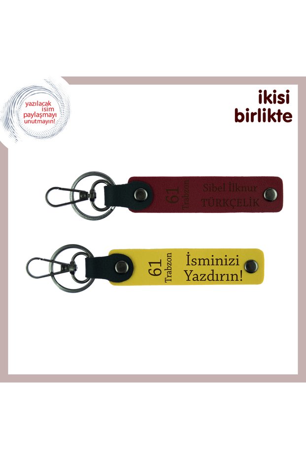 Couple Leather Keychain Design Carrying Trabzon Love, Name Writable Detail, Burgundy-Yellow
