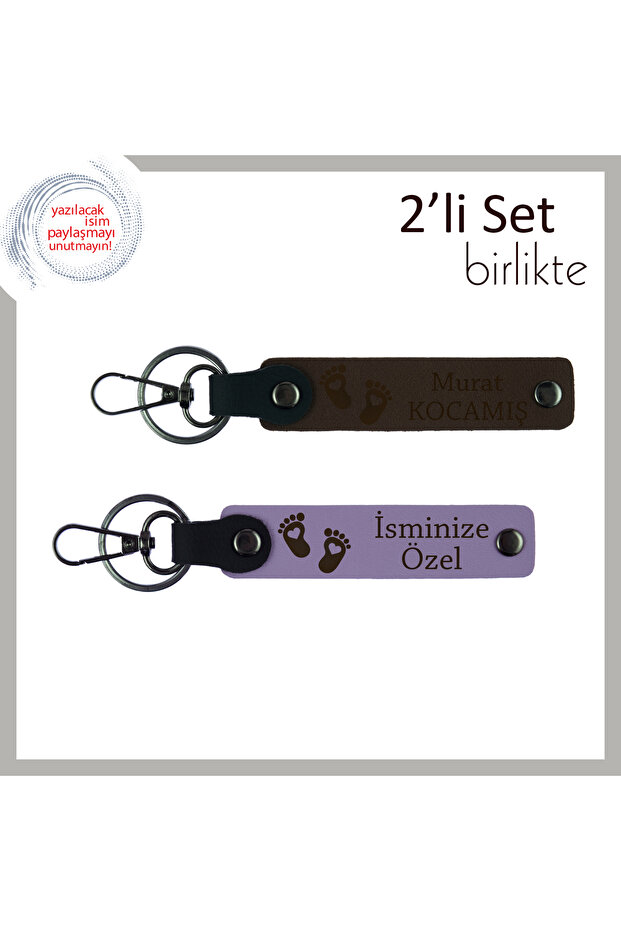 Heart Baby Foot Themed Set of 2 Keychains, Dark Brown-Purple, Name Writable Cute Souvenir