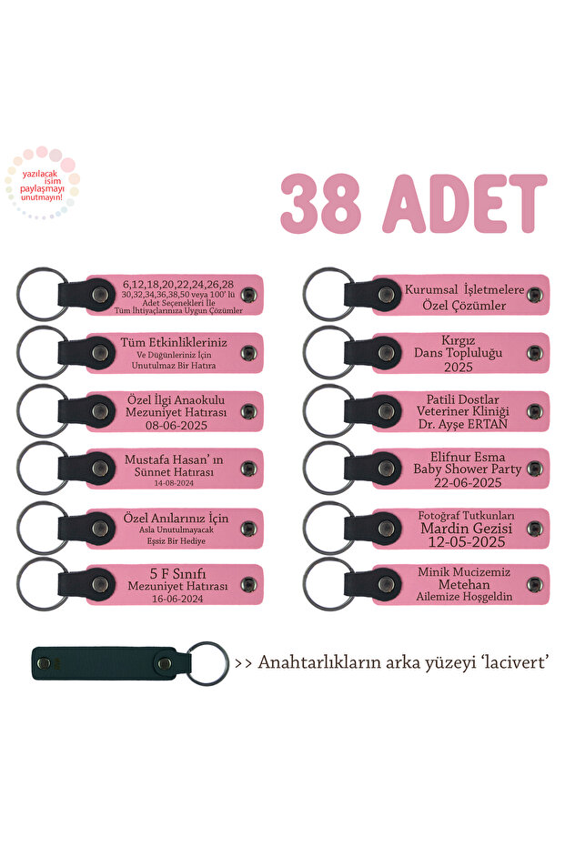 Set of 38, Leather Keychain with Name Written on It, Pink & Navy, to Give to Attendees
