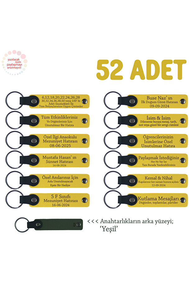 Set of 52, Personal Written Leather Keychain, Yellow & Green, to Be Distributed at Networking Events