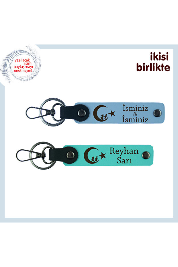 A Patriotic Gift – Children and Crescent and Star Themed Set of 2 Personal Keychains, Sky Blue-Turquoise