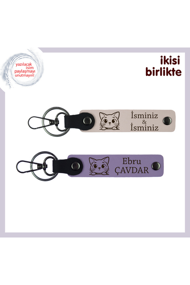 Name Written, Powder-Purple Violet, Stylish Touch of Pet-Friendly Garden, Leather Keychain Set with Cat